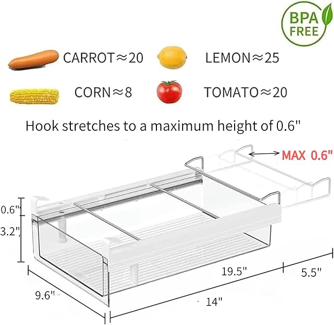 vacane Refrigerator Organizer Drawer,Plastic Fridge Drawer With Handle Pull Out Fridge Bins Organizer, Extra-Long Stretch 19.5",Cheese, Deli Meat, Drinks, Fruit, Vegetable