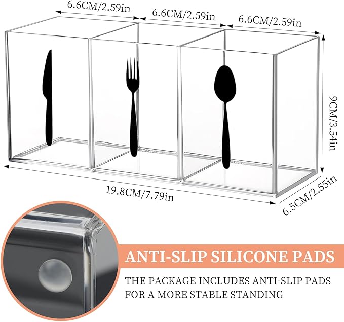 Acrylic Cutlery Storage Organizer Bin Clear Acrylic Silverware Caddy Utensil Holder 3 Compartment Cutlery Caddy Plastic Cutlery Silverware Holder for Countertop Kitchen Party Buffet Picnic