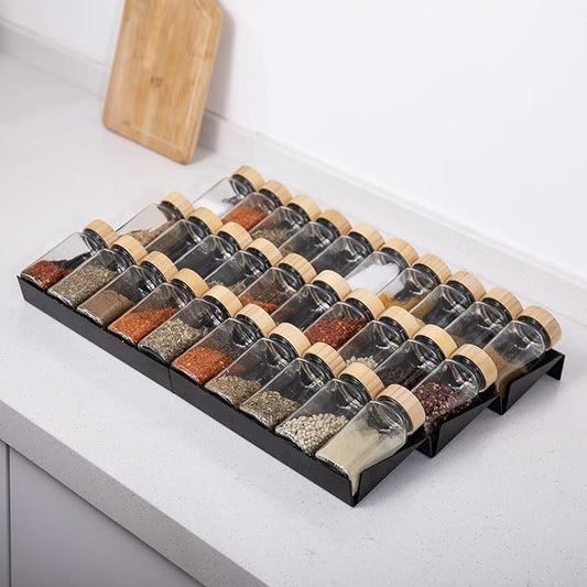 Expandable Spice Drawer Organizer, 3 Tier Seasoning Jars Drawer Insert, Spice Rack Organization for Drawer Cabinet Countertop Pantry Makeup Storage(Black)