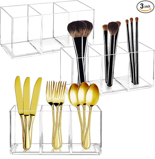 3 Pcs Acrylic Cutlery Storage Organizer, Clear Plastic Cutlery Utensil Holder for Kitchen Countertop, 3 Section Silverware Tableware Storage Box for Fork, Knife, Spoon Straws and Napkins
