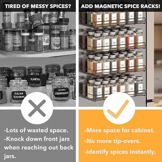 SpaceAid 4 Pack Magnetic Spice Rack with 48 Spice Jars, 400 Spice Labels and Funnel, Space Saving Refrigerator Fridge Oven Shelf Organizer