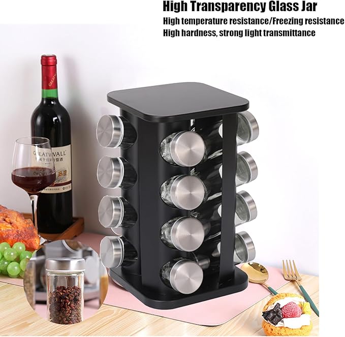 Spice Rack, Spice Rack Organizers for Countertop, Rotating Countertop Spice Rack, Revolving Spice Rack for Kitchen, Kitchen Gadgets, Organizer Rack with Spice Jars (Black, SquareHead_16Jars)