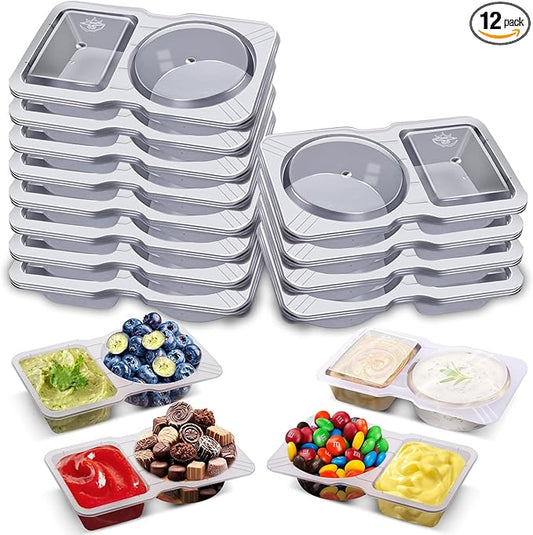 12 Sets Double Compartment Condiment Container with Lid, Reusable Snack Box for Sauces and Snacks for Meal Prep, Parties, and On-the-Go