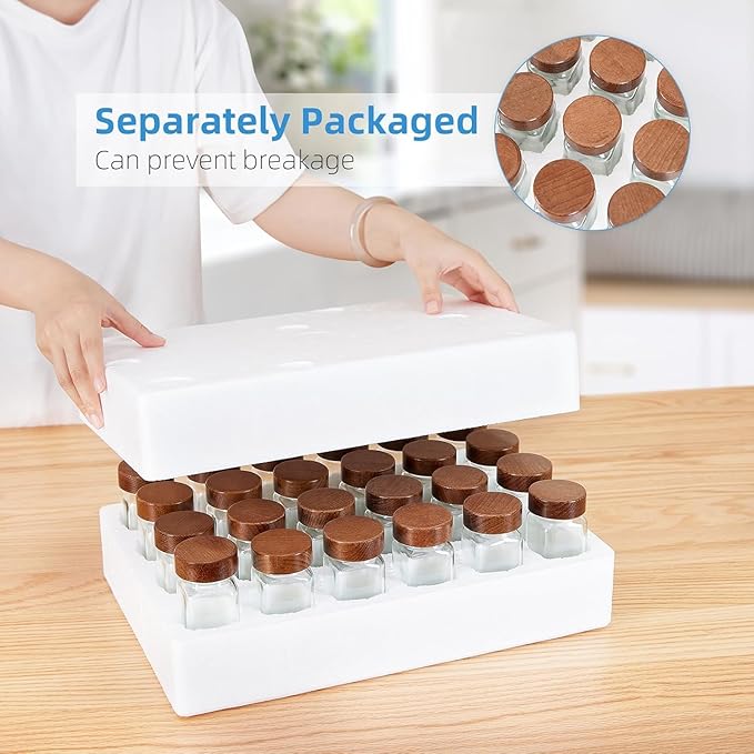 Yangbaga Glass Spice Jars with Labels: 34p 4oz Wide Mouth Square Bottle w/Pepper Grinder&Funnel - Airtight Wood Lid & Dishwasher Safe - Home Kitchen Pantry Daily Use - Gift for Newlyweds/Households