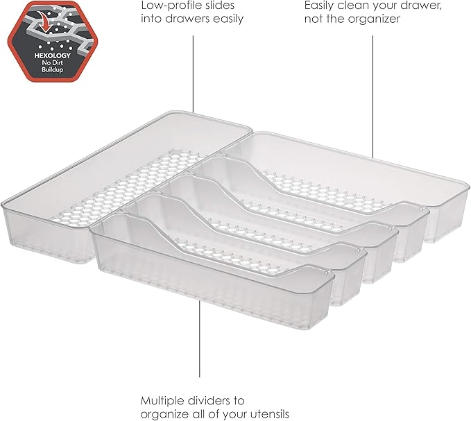 Spectrum Diversified Hexa Drawer Organizer Tray Modern Kitchen Cutlery, Utensil, Silverware Holder Caddy, 6 Dividers Cabinet Storage, 13 x 16, Clear Frost