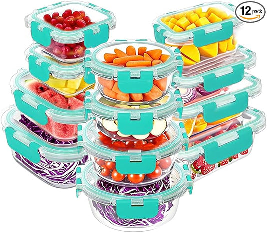 VERONES 24 Pieces Glass Food Storage Containers Set, Airtight Glass Lunch Containers, Glass Meal Prep Containers with Lids,Exclusive of BPA, for Microwave, Oven, Freezer & Dishwasher Friendly,Green