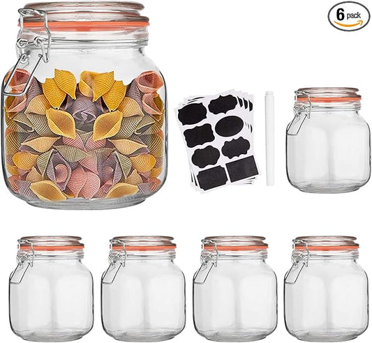 Encheng 32 oz Glass Food Storage Jars with Airtight Lids,Clear Airtight Canister with Leak Proof Rubber Gasket,1000 ml Square Large Mason Jars with Clamp Lids for Canning,Cereal,Beans,6 Pack