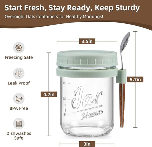 LANDNEOO 6 Pack Overnight Oats Containers with Lids and Spoons, 16 oz Glass Mason Overnight Oats Jars, Large Capacity Airtight Jars for Milk, Cereal, Fruit(Green)