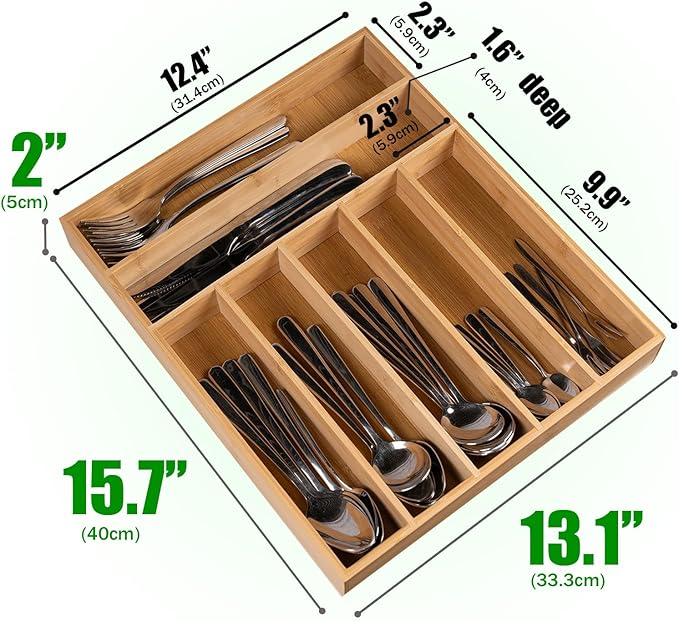 Silverware Organizer Bamboo Kitchen Drawer Organizer with 7 Slots Flatware Organizer Tray for Kitchen, Flatware, Utensils(Natural)