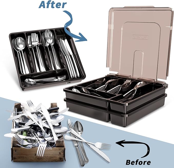 2 Layer Large Silverware Tray with Lid,Stackable utensil organizer for countertop,Removable Tray for Flatware Organizer, Black