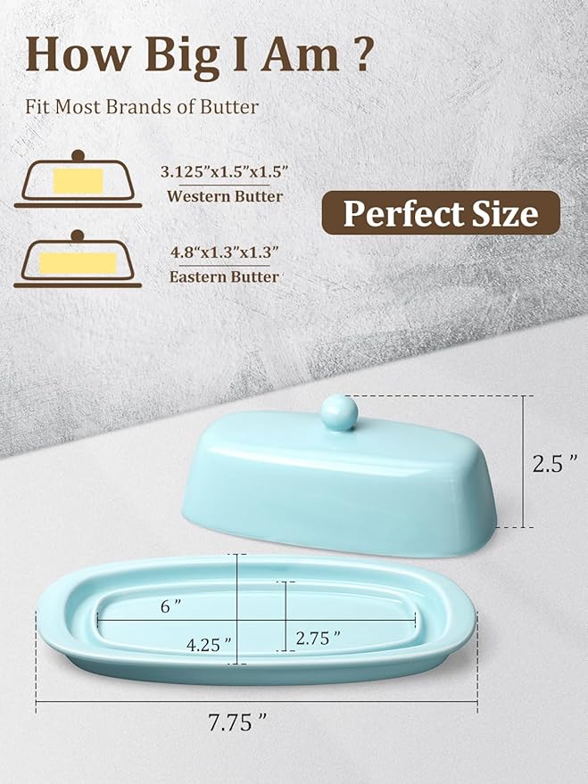 Yedio Ceramic Butter Dish with Lid for Countertop Refrigerator, 8 Inch Butter Holder with Porcelain Cover Knob Handle for East West Coast Butter Stick, Turquoise