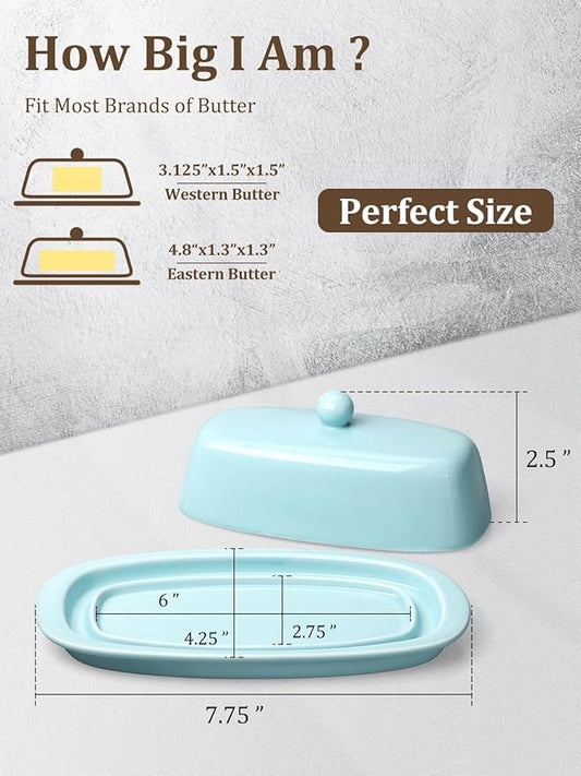 Yedio Ceramic Butter Dish with Lid for Countertop Refrigerator, 8 Inch Butter Holder with Porcelain Cover Knob Handle for East West Coast Butter Stick, Turquoise