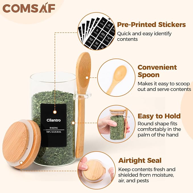 ComSaf 12 Pcs Glass Spice Jars with Spoons, 10oz Containers with Bamboo Lids, Glass Storage Containers with Airtight Lids with 275 Labels for Seasonings, Salt, Loose Leaf Tea Storage