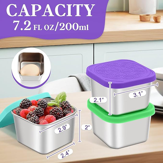 Stainless Steel Snack Containers for Kids,7.2oz Easy Open Leak Proof Reusable Snack Box Container with Lids,Small Lunch Containers for Meal Prep,School,Picnic and Travel-3Pack