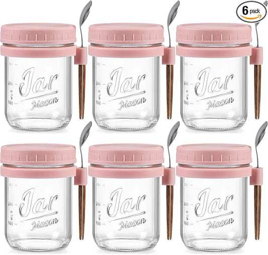 LANDNEOO 6 Pack Overnight Oats Containers with Lids and Spoons, 16 oz Glass Mason Overnight Oats Jars, Large Capacity Airtight Jars for Milk, Cereal, Fruit(Pink)