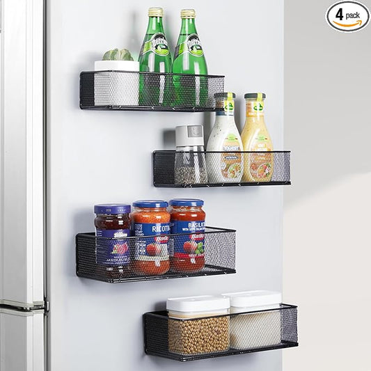 Magnetic Spice Rack for Refrigerator,4 Pack Magnetic Spice Rack for Kitchen Organization，Magnetic Spice Shelf Rack Organizer for Side of Refrigerator Fridge，Kitchen Storage Organizer,Black