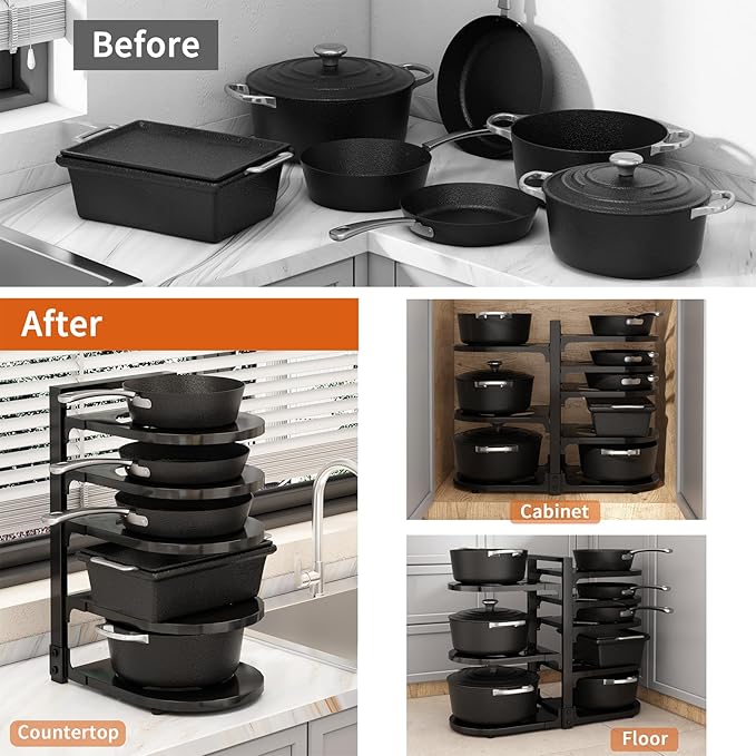 Adjustable Heavy Duty Pots and Pans Organizer Under Cabinet, 8-Tier Pot and Pan Organizers Inside Cabinet, Kitchen Cabinet Organizers and Storage, Black