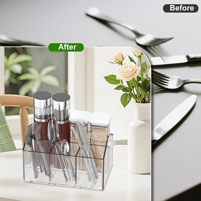 Silverware Organizer, Paper Plate Holders, Cutlery and Flatware Caddy for Countertop, Table, Buffet, and Picnic - Acrylic Party Utensil Holder for Knives, Forks, Spoons, Plates, Napkins