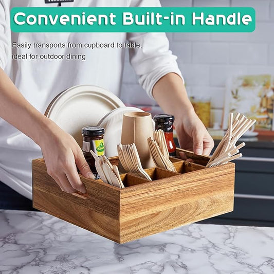 ALELION Acacia Wood Utensil Holder for Party - Paper Plate Organizer for Countertop - Silverware Caddy with 6 Compartments for Plate, Cup, Fork, Spoon - Cutlery Holder for Kitchen Camping Buffet