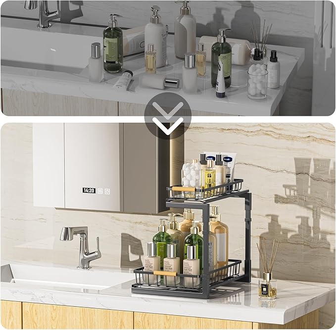 Delamu Under Sink Organizer, Pull Out Cabinet Organizer, Slide Out Under Sink Storage Shelf, Undersink Organizers Shelves for Kitchen Bathroom Pantry