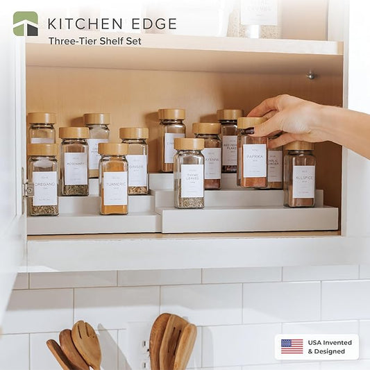 Expandable Spice Rack Organizer for Cabinet, 3-Tier Shelf for Spice Organization (11” to 22”), Fits 36 Spice Jars, Seasoning and Pantry Storage, Non-Slip Feet, 100% Bamboo, White Finish