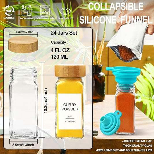 AISIPRIN Glass Spice Jars with 398 Labels, 24 pcs 4oz Spice Containers with Bamboo Lids, Square Spice Bottles With Shaker Lids,Spice Organization for Cabinet,Drawer,Rack,Seasoning Organizer