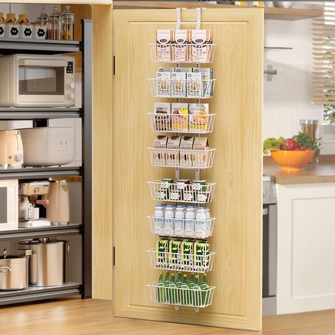 8 Tier Over the Door Pantry Organizer, Over the Door Spice Rack with Adjustable Baskets, Metal Hanging Door Pantry Organizers and Storage for Kitchen Bathroom Bedroom, White