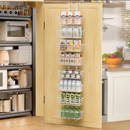 8 Tier Over the Door Pantry Organizer, Over the Door Spice Rack with Adjustable Baskets, Metal Hanging Door Pantry Organizers and Storage for Kitchen Bathroom Bedroom, White
