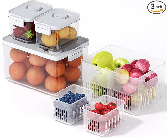 vacane 3 Pack Produce Containers with Removable Colanders, Clear Fruit Containers for Fridge Dishwasher Safe Lettuce Keeper Berry Containers, Keep Vegetable Food Fresh