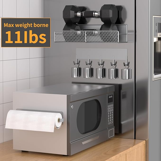 Grey Metal Spice Rack for Refrigerator - 7 Pack Moveable Organizer with Hook Rack, Paper Towel Holder, Strong Magnetic Storage