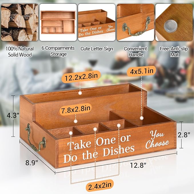 Wooden Paper Plate Dispenser for Counter,Paper Plate Holders with Handles,Paper Plate Caddy Organizer for Parties,Picnic,BBQ,Utensil Holder Organizer for Plate Cup Fork Spoon Napkin (Brown)