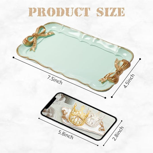 Vintage Decorative Tray Jewelry Tray Towel Tray Storage Tray Rings Necklace Bracelets Earrings Trays Cosmetics Jewelry Organizer Retro Design Bow Decor Resin Plate Coquette Room Decor (Green)