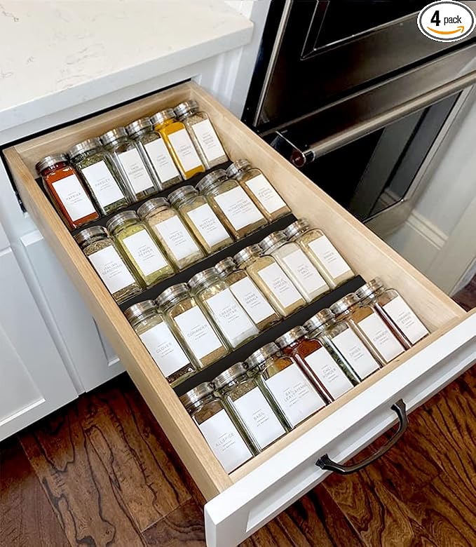 MIUKAA Black Spice Drawer Organizer, 2 Tier- 4 Pack Acrylic Drawer Seasoning Organizer, Expandable From 9'' to 18''Kitchen Spice Rack Tray for Drawer/Countertop (Jars not included)