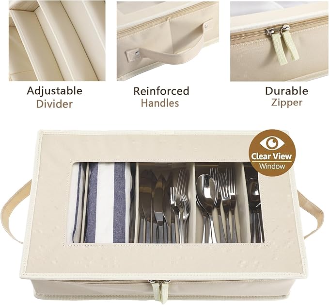 Flatware Utensil Storage Case, Beige Large Capacity Silverware Storage Box Chest with Adjustable Dividers, Removable Cutlery Storage Holder with Zipper Lid for Organizing Spoon/Flatware/Knives