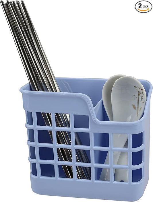 EIKS Plastic Utensil Holder Silverware Organizer Cutlery Drying Rack with Wall Mount Self Adhesive, Having 2 Divided Compartments - Total 2 Pack