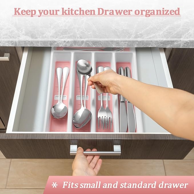 Silverware Organizer with Cutlery Icons，Silverware Tray for Kitchen Drawer，Flatware Tableware Cultery Drawer Organizer Utensil Organizer with Non-slip TPR Linings，Pink Kitchen Organization Essentials