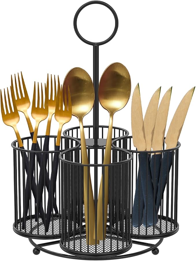 360° Rotating Countertop Utensil Caddy - 4-Compartment Metal Cutlery Holder with Handle - Multipurpose for Kitchen, Picnic, Camping, Office - 6.3x6.3x11 In- Black