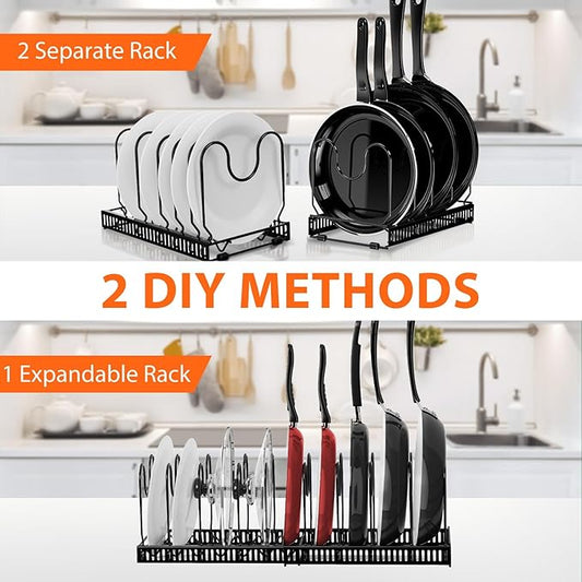 AHNR Expandable Pot and Pan Organizers Rack, 10+ Pans and Pots Lid Organizer Rack Holder, Kitchen Cabinet Pantry Bakeware Organizer Rack Holder with 10 Adjustable Compartments (Black)
