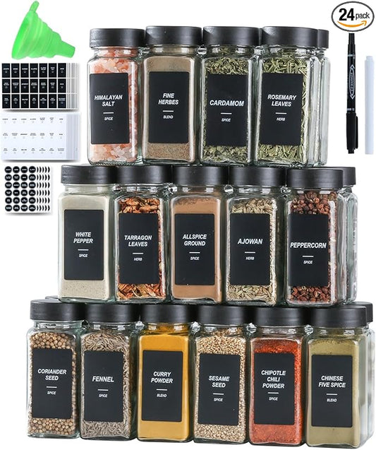 Spice Jars with Labels，4oz Black Seasoning Containers Jars Bottles with Shaker Lids for Rack, Cabinet, Drawer,Empty Square Condiment Pots (48)