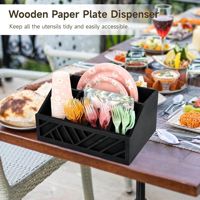 Homaisson Wooden Paper Plate Dispenser for Countertop - Wood Paper Plate Holder Utensil Holder Organizer Cutlery Flatware Organizer Box For Cups Spoons Forks Plates Napkins, Kitchen Accessories