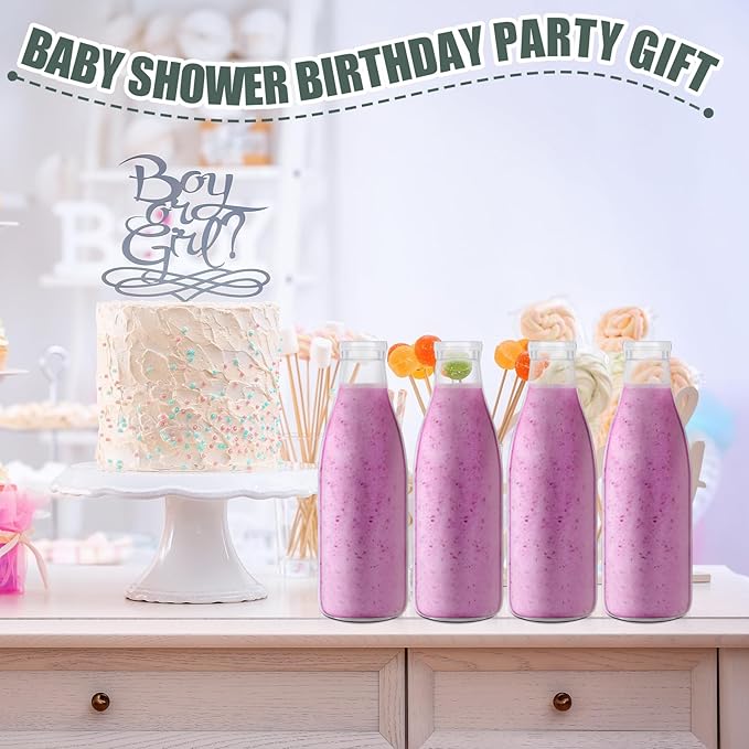 Zubebe 12 Pack Small Glass Milk Bottles Clear Mini Party Bottles with Lids Glass Juice Jars Reusable Small Milk Jars Vintage Breakfast Shake Containers for Baby Shower Birthday Party Favors(33.8 oz)