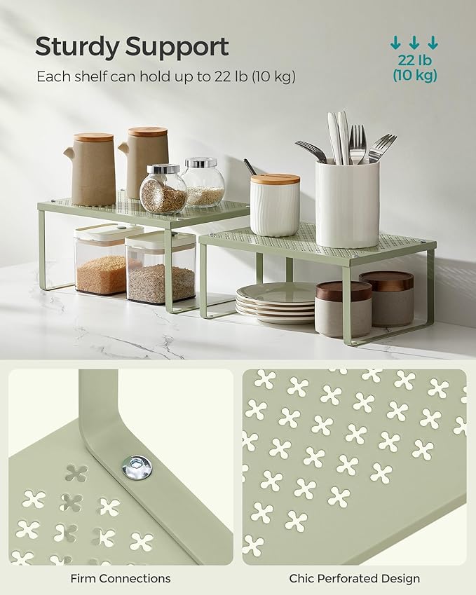 SONGMICS Spice Racks, Cabinet Shelf Organizers, Shelf Organizers, Countertop Organizers, Shelf Risers, Stackable, Expandable, Set of 4 Metal Kitchen Counter Shelves, Laurel Green UKCS006C01