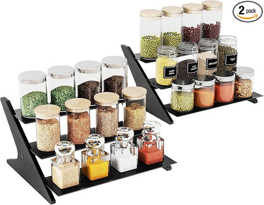 3 Tier Spice Rack Organizer for Cabinet, Metal with Wood Step Shelf Countertop Spice Storage Holder, Seasoning Organizer for Kitchen, Pantry, Black, 2 Pack