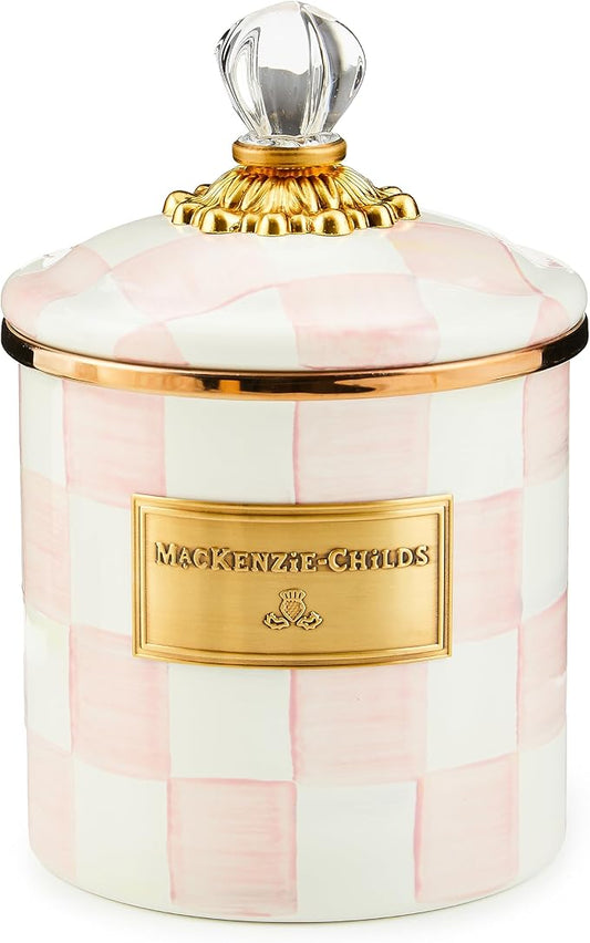 MACKENZIE-CHILDS Small Enamel Canister, Kitchen Storage Container for Flour and Sugar, 38 Ounces, Pink-and-White Rosy Check