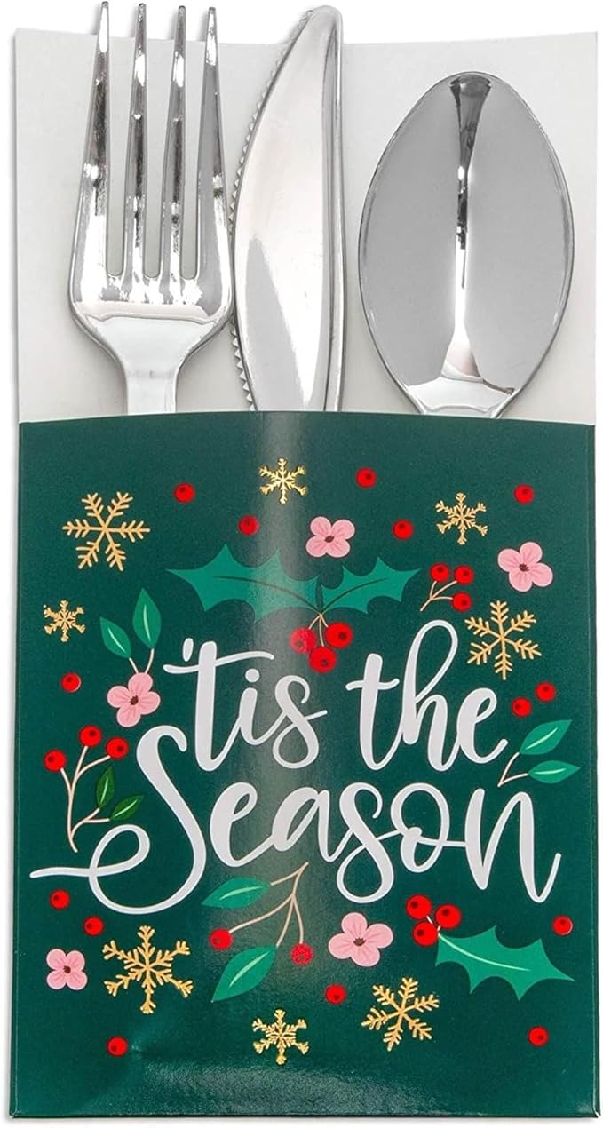 Sparkle and Bash 36 Pack Christmas Utensil Holder - Tis the Season - Silverware Cutlery Holder Paper Pockets for Xmas Table Decorations, Holiday Dinner Party, 3.7 x 7.5 Inch