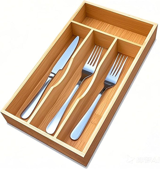 Bamboo Kitchen Drawer Silverware Organizer, 7 Inch Silverware Utensils Tray Holder for Small Drawer, Wood Caddy for Flatware Cutlery Knives 4-Slots