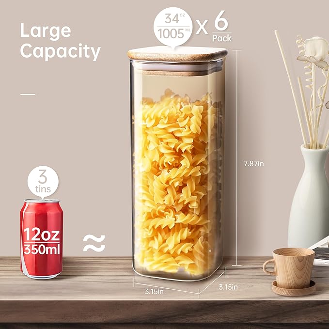 Square Glass Jars with Bamboo Lids 34 FL OZ [Set of 6], Glass Canisters with Airtight Lid, Glass Food Storage Container for Pasta, Flour, Sugar, Rice, Best for Kitchen & Pantry