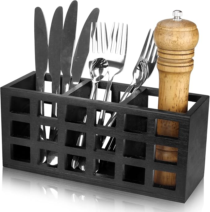 Farmhouse Wooden Silverware Utensil Caddy Cutlery Holder Utensil Holder Organizer for Kitchen Countertop Party Table Fork and Spoon Holders Storage Wood Silverware Basket Picnic Flatware Caddy