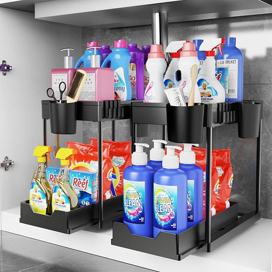 2 Pack Under Sink Organizers and Storage Bathroom, 2 Tier Under Sliding Kicthen Cabinet Basket Organizer with Hooks, Hanging Cup, Dividers, Handles, Multi-purpose Under Sink Shelf Organizer, Black