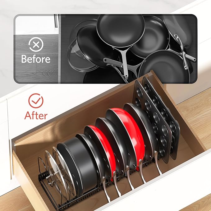 ORDORA Pots and Pans Organizer under Cabinet with Pan Holder: Expandable 11.8"-22.8" Kitchen Cabinet Organizer Rack, 12 Adjustable Dividers Storage for Cookie Sheets, Cutting Boards & Heavy Cookware